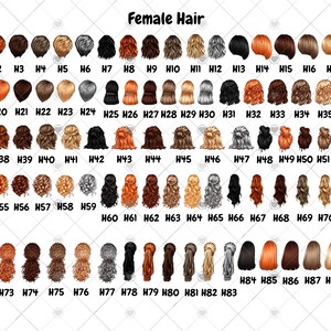 Peut inclure: Un tableau de 89 coiffures f&eacute;minines diff&eacute;rentes. Les coiffures sont num&eacute;rot&eacute;es de H1 &agrave; H89. Les coiffures sont de diff&eacute;rentes couleurs, notamment blond, brun, noir, rouge et gris.