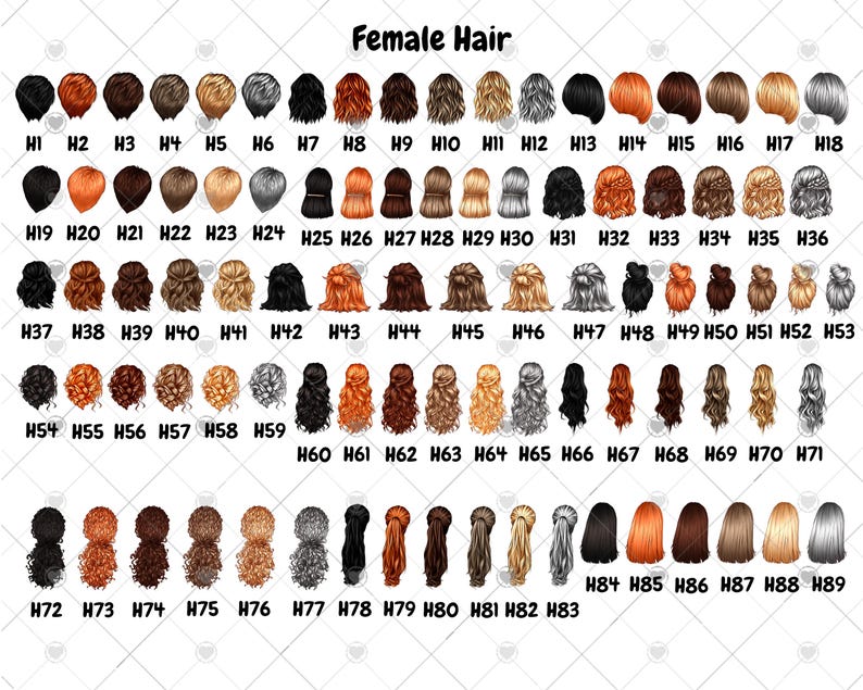 Peut inclure: Un tableau de 89 coiffures f&eacute;minines diff&eacute;rentes. Les coiffures sont num&eacute;rot&eacute;es de H1 &agrave; H89. Les coiffures sont de diff&eacute;rentes couleurs, notamment blond, brun, noir, rouge et gris.