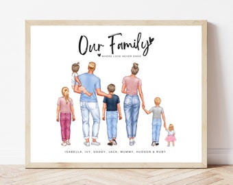 May include: A family portrait illustration of seven people, including a couple, three boys, and two girls. The family is walking together, with the parents holding hands and the children walking behind them. The text "Our Family Where Love Never Ends" is at the top of the image. The names of the family members are listed below the image: Isabella, Ivy, Daddy, Jack, Mummy, Hudson & Ruby.