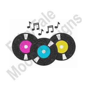 May include: Three black vinyl records with colorful centers, stacked on top of each other.  Musical notes float above the records.