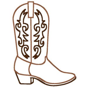 May include: A detailed illustration of a cowboy boot. The boot is primarily white with brown decorative stitching and accents. The design includes a pointed toe, a stacked heel, and a tall shaft with ornate scrollwork.