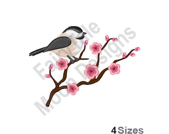 Chickadee & Cherry Blossoms - Machine Embroidery Design, Spring Chickadee Bird Embroidery Pattern, Cherry Tree Flowers Embroidery Design