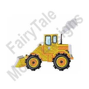 May include: A yellow toy construction vehicle with a black front loader and black wheels. The vehicle has a black exhaust pipe with white smoke coming out of it.