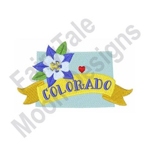 May include: Embroidered design featuring a blue and white Colorado state flower, a yellow banner with the word "COLORADO" in white, and a small red heart.