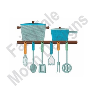 May include: A set of kitchen utensils hanging on a wooden rack. The utensils include a whisk, a spoon, a spatula, a fork, and a potato masher. There are two blue pots with lids on the rack.