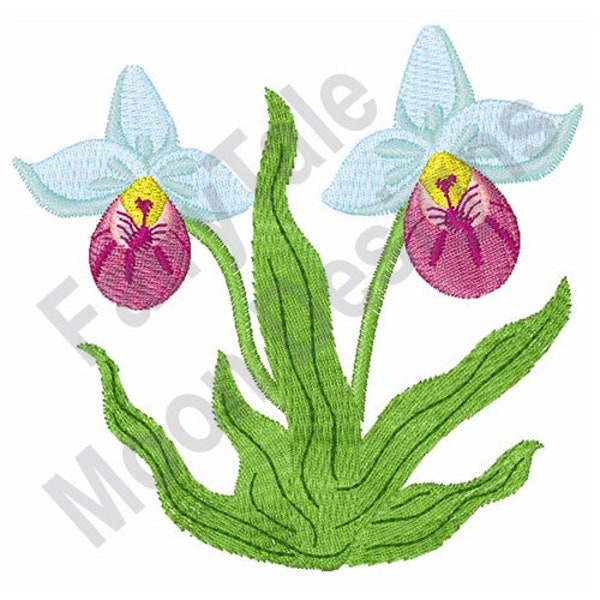 Showy Lady's Slipper - Machine Embroidery Design, Lady's Slipper Embroidery Pattern, Orchid Flower Embroidery, Floral Embroidery Design