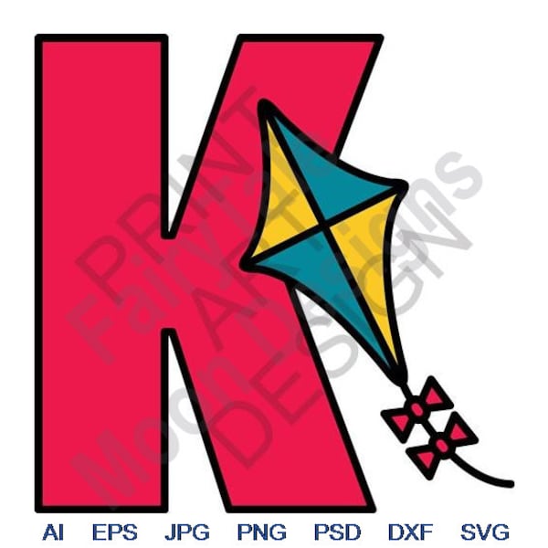 K For Kite - Svg, Dxf, Eps, Png, Jpg, Vector Art, Clipart, Cut File, Flying Kite Svg, Letter K Svg, School ABC Svg, Alphabet Font Svg