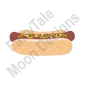 Cachorro-quente - Design de bordado à máquina, Padrão de bordado de pão de cachorro-quente, Design de bordado de cachorro-quente cozido, Bordado de salsicha, Design de salsicha