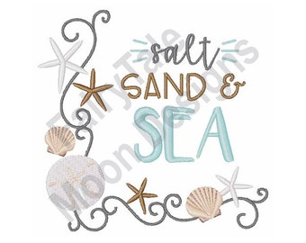 Salz, Sand & Meer - Stickdatei, Nautische Ecke Stickmuster, Strand Stickdatei, Seestern und Muschel Stickdatei
