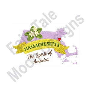 Carte de l'État du Massachusetts - motif de broderie Machine, motif de broderie fleur Mayflower State, broderie The Bay State, esprit de l'Amérique