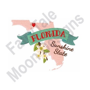 Kaart van de staat Florida - machineborduurwerkontwerp, oranjebloesem staat bloemenborduurpatroon, borduurwerk Sunshine State
