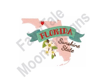 Florida State Karte - Maschinenstickerei, Orange Blossom State Blumen Stickmuster, Sunshine State Stickerei