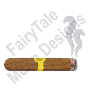 May include: A brown cigar with a yellow band and gray smoke rising from the end.