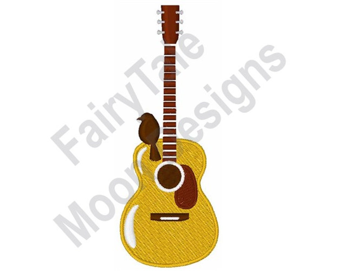 Guitar & Bird Machine Embroidery Design, Acoustic Guitar Embroidery
