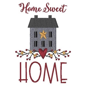 May include: An embroidered design featuring a gray house with a gold star and a red heart. The words "Home Sweet Home" are stitched above and "HOME" below, all in burgundy thread. Decorative floral elements complete the design.