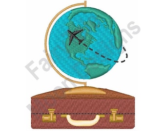 May include: A blue globe with a gold stand and a small airplane flying over it. The globe is sitting on top of a brown suitcase with a gold handle.
