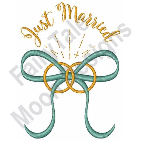 Just Married - Machine Embroidery Design, Wedding Rings Embroidery Pattern, Mr. & Mrs. Embroidery, Bridal Bow Embroidery Design