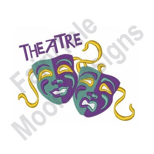 May include: Two theatrical masks, one smiling and one frowning, with yellow ribbons, against a white background. The text "THEATRE" is above the masks.