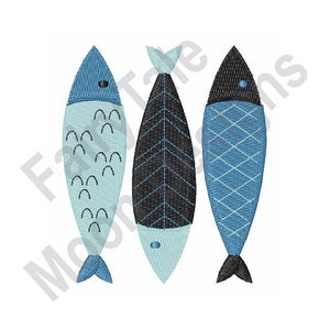 May include: Three stylized fish illustrations in a row. The fish on the left is light blue with a black eye and a pattern of black arches on its body. The middle fish is black and light blue with a black eye and a chevron pattern. The fish on the right is light blue with a black eye and a diamond pattern.