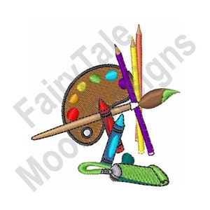 Artist's Color Pallet - Machine Embroidery Design, Painter Palette Embroidery Pattern, Paint Brush, Colored Pencils, Acrylic Paint, Crayons