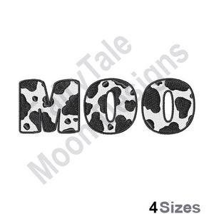 Diseño de bordado a máquina "Vaca Moo", diseño de bordado con estampado de vaca, diseño de bordado con manchas de vaca, diseño de bordado con estampado de vaca "MOO"