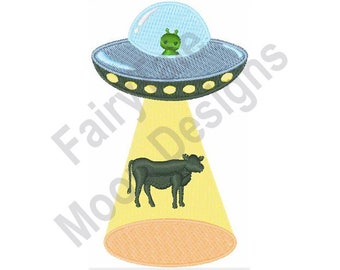 Space Ship & Cow - Machine Embroidery Design, UFO Spaceship Beam Light Embroidery Pattern, Alien Spacecraft Embroidery Design, Cow Design
