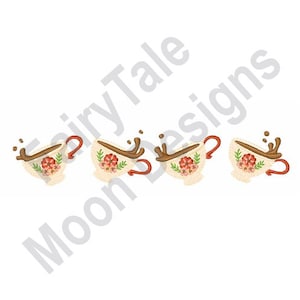 May include: Three white teacups with red floral designs and brown liquid spilling out of them.