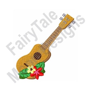 Op de afbeelding: Een bruine ukulele met een bloemenmotief. De ukulele heeft een lichtbruin lichaam en een donkerbruine hals. Het bloemenmotief bestaat uit groene bladeren en rode en gele bloemen.