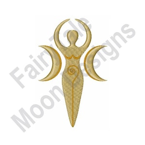 May include: Gold embroidered design of a female figure with arms raised, flanked by crescent moons. The figure has a spiral design on the torso. The text "Fairy Tale Moon Designs" is in the upper left corner.