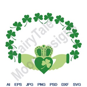 Claddagh Shamrocks - Svg, Dxf, Eps, Png, Jpg, Vector Art, Clipart, Cut File, Claddagh Irish Wedding Ring Svg, Praying Hands Cut File