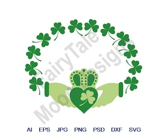 Tréboles de Claddagh - SVG, DXF, EPS, PNG, JPG, arte vectorial, clipart, archivo de corte, anillo de boda irlandés de Claddagh SVG, archivo de corte de manos en oración