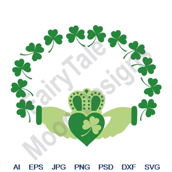 Claddagh Shamrocks - Svg, Dxf, Eps, Png, Jpg, Vector Art, Clipart, Cut File, Claddagh Irish Wedding Ring Svg, Praying Hands Cut File