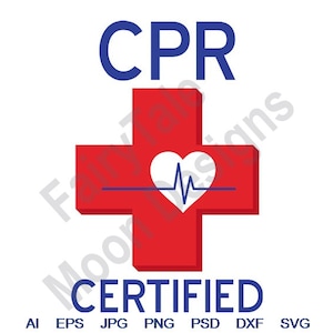 Puede incluir: Cruz roja con un corazón blanco y una línea de latido del corazón en su interior. El texto "CPR CERTIFIED" está debajo de la cruz en azul.
