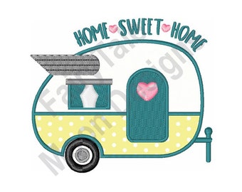 Home Sweet Home Camper Applique - Machine Embroidery Design, Travel Trailer Embroidery Pattern, RV Camper Embroidery Design, I Love Camping