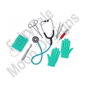 Surgeon Equipment - Machine Embroidery Design, Medical Surgical Supplies Embroidery Pattern, Doctor Mask, Stethoscope, Syringe, Rubber Glove