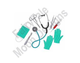 Equipo para cirujanos: diseño de bordado a máquina, patrón de bordado de suministros médicos quirúrgicos, mascarilla médica, estetoscopio, jeringa y guante de goma.