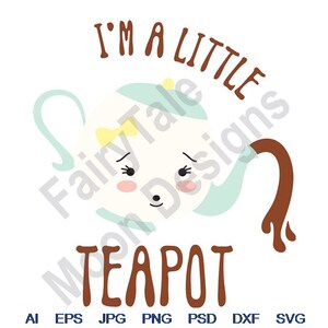 May include: A cute cartoon teapot with a brown spout and a yellow bow. The teapot has a white body with a light blue lid and a brown handle. The text "I'm a little teapot" is written in brown letters around the teapot.