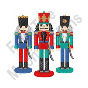 May include: Three toy nutcracker soldiers stand in a row. The soldier on the left wears a blue uniform with red pants and a white beard. The middle soldier wears a red uniform with green pants and a black beard. The soldier on the right wears a green uniform with blue pants and a white beard.