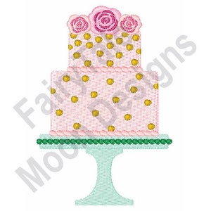 May include: A two-tiered pink cake with gold polka dots and a white frosting base. The cake is topped with three pink roses and sits on a light blue cake stand with a green trim.