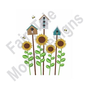 Sunflowers & Bird Houses - Machine Embroidery Design, Birdhouse Embroidery Pattern, Summer Flowers Embroidery Design, Sunflower, Bees Design