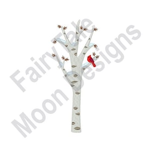 May include: A white birch tree with snow on its branches and a red cardinal perched on a branch. The tree is bare except for a few small brown buds.