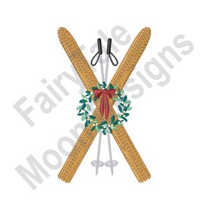 Winter Skis - Machine Embroidery Design, Vintage Skis & Poles Embroidery Pattern, Mistletoe Wreath Embroidery Design, Christmas Skis Design