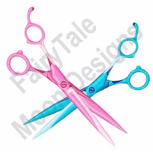 May include: Two pairs of scissors with pink and blue handles, crossed over each other. The handles have a marbled pattern.