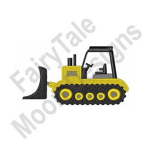 May include: A yellow bulldozer with a black blade and black tracks. The bulldozer has a black cab with a windscreen and a black seat.