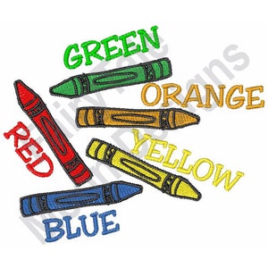 May include: A set of five crayons in different colors, including red, orange, yellow, green, and blue. Each crayon has the color name written next to it.