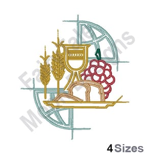 May include: An embroidered design of a chalice, bread, grapes, and wheat stalks, all within a circle with a cross design. The design is in shades of gold, red, and blue.