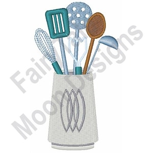 May include: A white ceramic utensil holder with a blue and white design, holding a variety of kitchen utensils, including a whisk, a slotted spoon, a wooden spoon, a spatula, and a ladle.