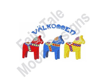 Valkommen - Machine Embroidery Design, Swedish Dala Horse Border Embroidery Pattern, Dalecarlian Horse Design, Toy Horse Embroidery Design