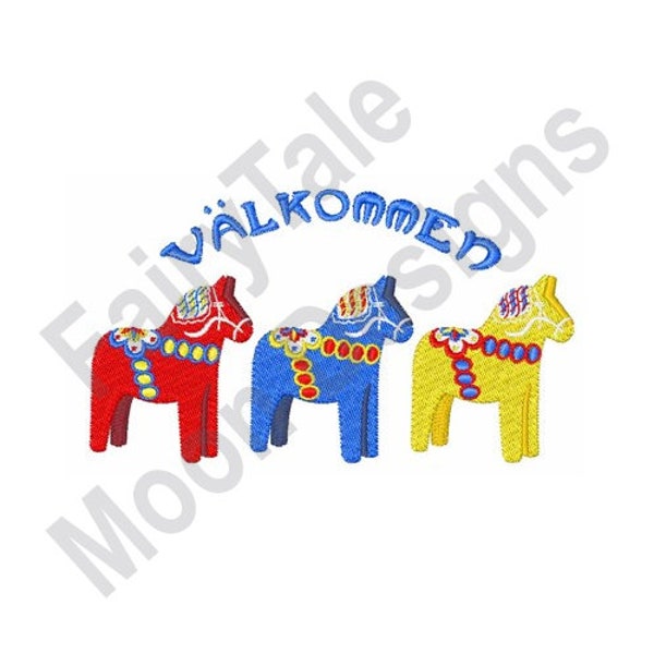 Valkommen - Machine Embroidery Design, Swedish Dala Horse Border Embroidery Pattern, Dalecarlian Horse Design, Toy Horse Embroidery Design