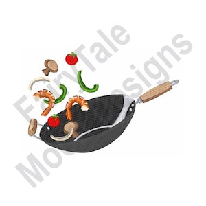 May include: An embroidered design featuring a black wok with a wooden handle, filled with ingredients like shrimp, tomatoes, mushrooms, and green peppers. The ingredients appear to be tossed in the air, suggesting cooking.